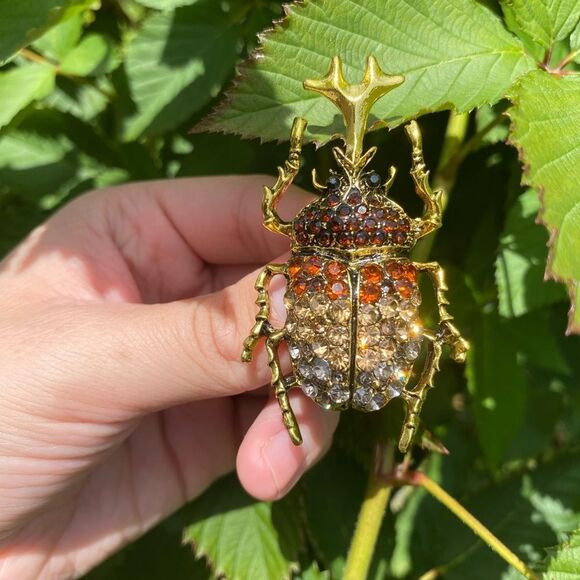 Vintage Inspired Beetle Brooch, Rhinestone Accent, Gold Tone, Statement … - Picture 5 of 6